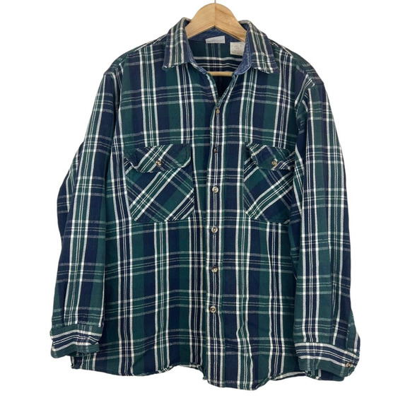 Vintage Field & Stream Heavy Cotton Flannel‎ XL Blue Green Plaid Men's Shirt L/S - Picture 1 of 4